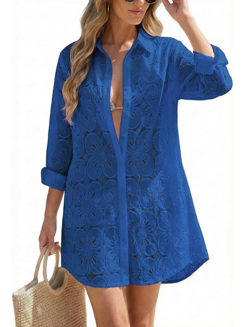 Women's Royal Blue Cotton CoverUp Button Down Shirt Long Sleeve Swimsuit CoverUp